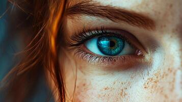Woman with blue eyes and red hair. The eyes are open and the woman is looking at the camera photo