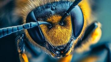Close up of a bee's face with a yellow and black pattern. The bee's face is the main focus of the image, and it is in a natural setting photo