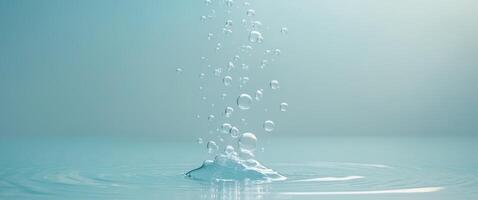 Water splash with bubbles and drops on a blue background photo