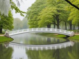 Serene White Bridge Reflecting on Calm Water Surrounded by Lush Green Trees in a Tranquil Park Setting Ideal for Nature Lovers and Outdoor Enthusiasts photo