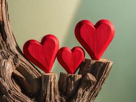 Three Red Wooden Hearts Nestled in a Tree Trunk photo