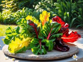 Freshly cut chard leaves in green red and yellow on a stone slab in a sunny garden photo