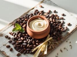 Close up shot of cacao beans scattered on a wooden surface with a rustic jar of cocoa butter and dried herbs photo