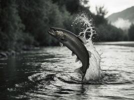 Trout leaping out of a flowing river with splash photo