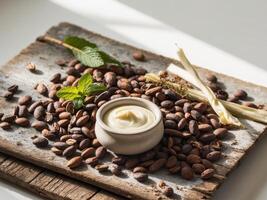 Close up shot of cacao beans scattered on a wooden surface with a rustic jar of cocoa butter and dried herbs photo