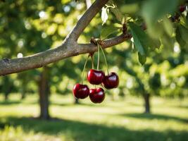 Cherries on a tree in an orchard photo
