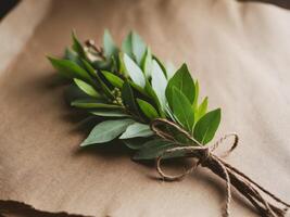 A bundle of green leaves on a brown paper photo