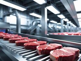 Fresh Raw Beef Steaks on a Conveyor Belt in a Meat Processing Facility photo