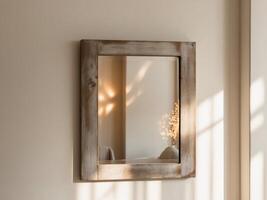 rústico de madera espejo reflejando natural ligero en un acogedor hogar decoración ajuste foto