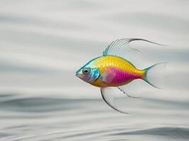 A colorful fish with a long tail is floating in the water photo