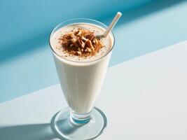 Creamy coconut smoothie topped with crushed nuts served in a tall glass on a blue background photo