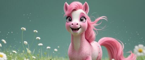 Cute pink pony with playful mood in green meadow photo