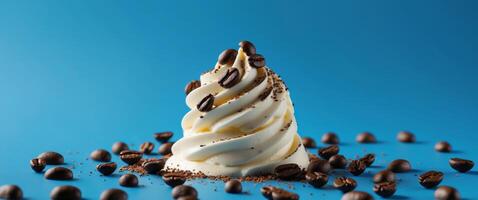 Mousse ice cream with coffee beans on a bright blue background creating a harmonious and whimsical dessert aesthetic photo