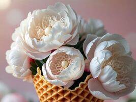 Elegant white peony blossoms in a waffle cone create a unique spring summer floral design on a soft pink backdrop photo