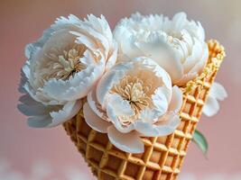 Elegant white peony blossoms in a waffle cone create a unique spring summer floral design on a soft pink backdrop photo
