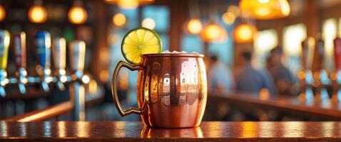Copper mug with a lime garnish on a bar counter during golden hour at a lively pub photo