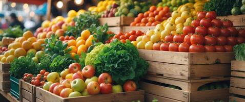 Fresh fruits and vegetables displayed in wooden crates at a market stall photo