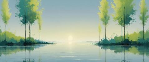 there is a calm lake with a few trees in the background photo