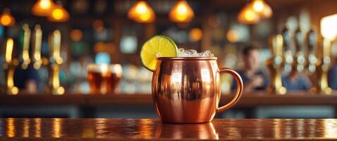 Copper mug with a lime garnish on a bar counter during golden hour at a lively pub photo