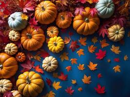 A Festive Autumnal Display with Pumpkins and Colorful Leaves Arranged Around a Deep Blue Background photo