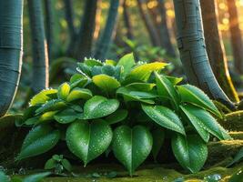 Vibrant green leaves glistening with morning dew in a lush natural setting photo