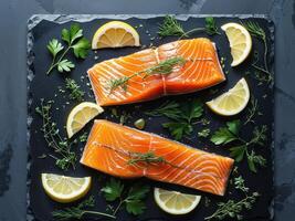 Fresh Raw Salmon Fillets with Herbs and Lemon on Slate Board for Culinary Art and Design photo