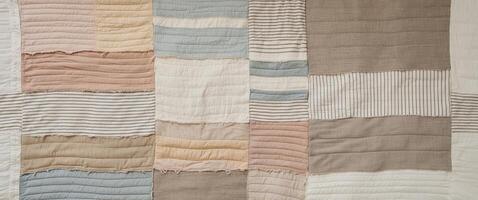 Faded colors and rustic fabric create cozy patchwork quilt texture photo