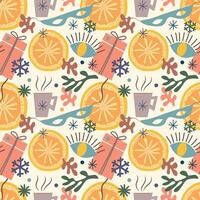 New Year pattern with abstract elements and Gift boxes, snowflakes, eyes, mask, a glass of wine fnd orange. vector
