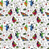 Surrealistic, hand drawn pattern inspired by Juan Miro. Abstract shapes, eyes, cats, bird. Monochrome, black and white with green, blue, red and yellow elements. vector