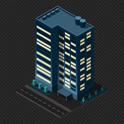 Isometric city building at night. Isometric modern building. Skyscraper building or business office. illustration