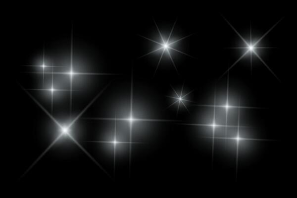 Silver sparkle lights, sunlight lens flare, glowing ray beams, sparkling starsicon on black background.