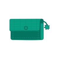 A sleek illustration of a green wallet featuring a button clasp, textured pattern, and a floral charm vector