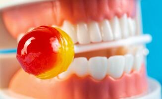 Candy on a stick in a tooth jaw mockup on a blue background. Concept of the effect of candies and sweets on the oral cavity and tooth enamel. Tooth destruction by sweet bacteria. photo