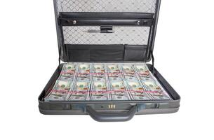 Black case with money dollars on a white background, isolate. Market competitiveness and investment concept photo
