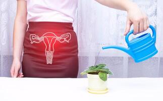 A woman in the office waters a flower from a watering can. Urinary and reproductive system diseases concept, urinary incontinence, bladder problems, Inflammation photo