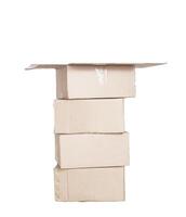 A stack of cardboard boxes on a white background. Open cardboard mail box, concept of customs parcel inspection, isolate photo