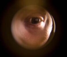 View from the peephole. The human eye looks through the peephole from the flight cage. Close-up photo