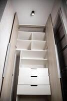 Modern closet in the hallway with hinged doors and pull-out shelves. Production of furniture under the order. photo