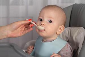 A mother feeds a baby boy who is 8 months old with meat puree. Feeding an infant. Close-up, copy space for text photo