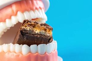 A bitten piece of chocolate in a dental jaw mockup on a blue background. The concept of the effect of sugar and leftover food on teeth and tooth enamel. Tooth destruction by bacteria, caries photo