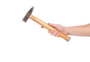 Man holds a hammer in his hand on a white background, isolate. Close-up photo