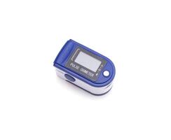 fingertip pulse oximeter, over white background. Medical device for measuring the pulse and oxygen saturation of the lungs, isolate photo