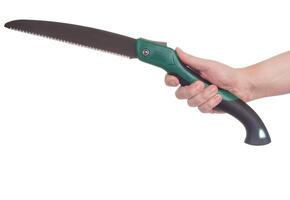 Man holding a lopper saw in hand on a white background, close-up, isolate photo