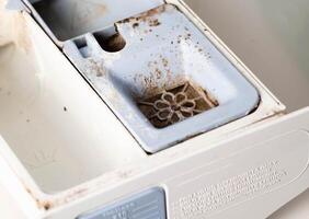 Dirt and mold in the washing machine tray. Unsanitary conditions, cleaning the tray, close-up photo
