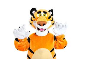 Man in a striped orange tiger costume posing on a white background, isolate. Holiday animator photo