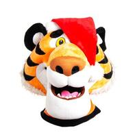 Head of a plush orange tiger in a red santa claus hat on a white background, isolate. Christmas and New Year 2022 concept, close-up photo