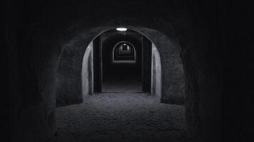 A long dark tunnel of a bomb shelter with a light at the end of the tunnel. Shelter of a bomb shelter in wartime Black and white photography photo