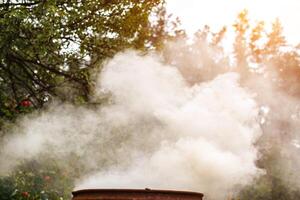 Burning dry grass and garbage in the country in the fall in an iron barrel. Penalty and fire hazard if weed is burned incorrectly. A lot of smoke photo