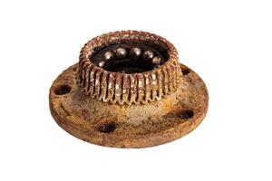 Old rusty wheel hub with a broken bearing. Bearing jamming. Automotive Part, close-up. White background, isolate photo