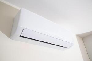 Wall mounted air conditioner in a modern apartment. The concept of maintaining a comfortable room temperature. Close-up photo